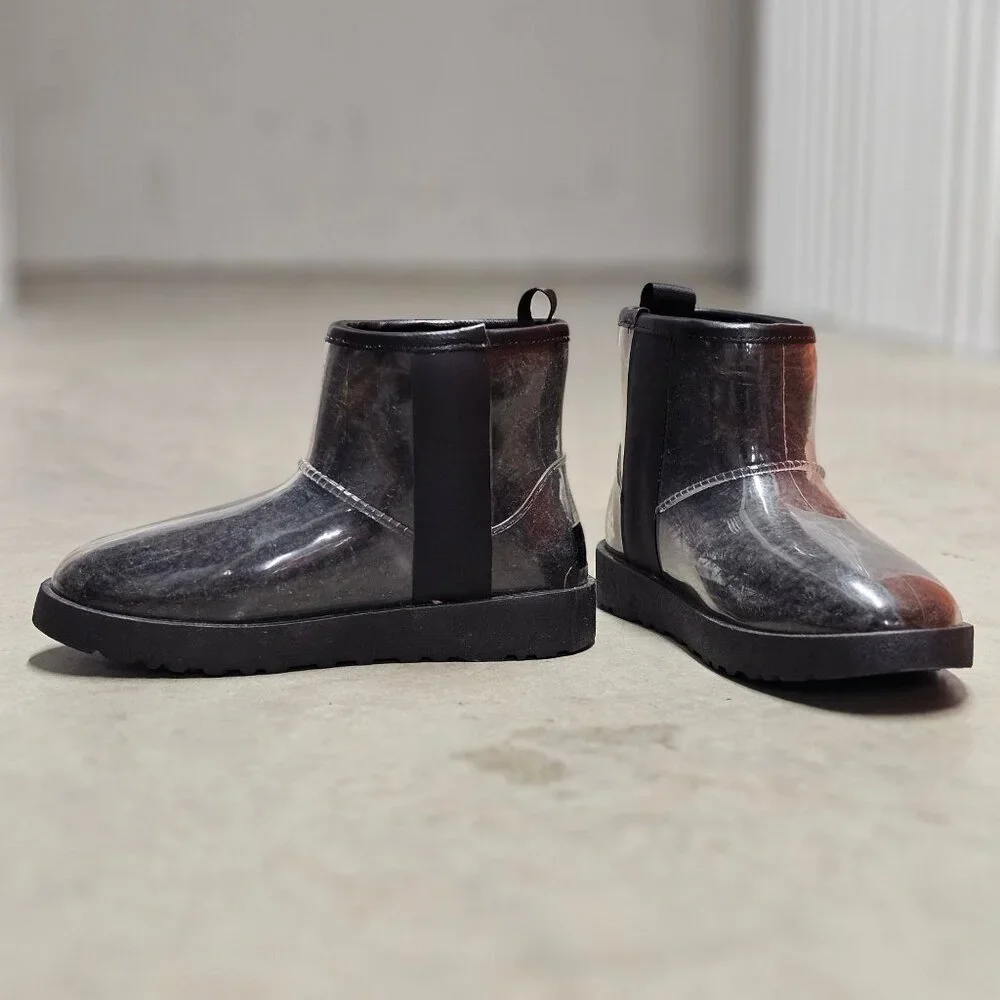 Transparent Waterproof Ankle Boots With Non-Slip Soles Sleek Black Finish Durabl